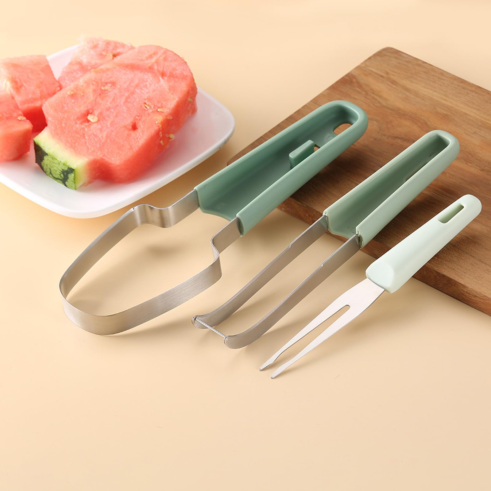 Zhaolie 3-in-1 Watermelon Fork Slicer Cutter，Stainless Steel Watermelon Popsicle Cutter Watermelon Cutter Slicer Tool Melon Cutter Knife Portability Fruit Fork Set for Camping Kitchen Gadgets, Green