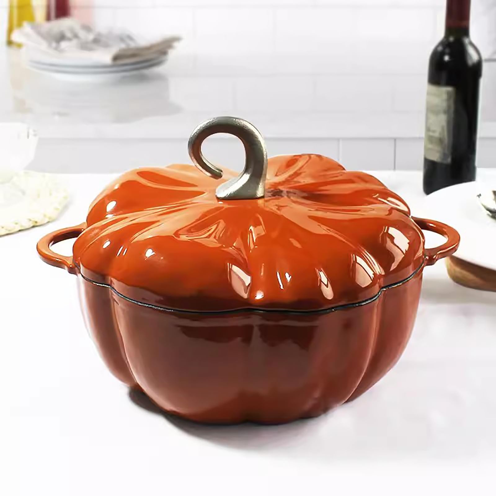 Pumpkin Cocotte,Pumpkin Dutch Oven Pot With Lid,Enamel Cast Iron Cooking Pot,Non Stick Pumpkin Pot,Stew Pot Soup Pot,Serves 3-5,Halloween Thanksgiving Decor Pot Gift(3.9 Quart, Orange)