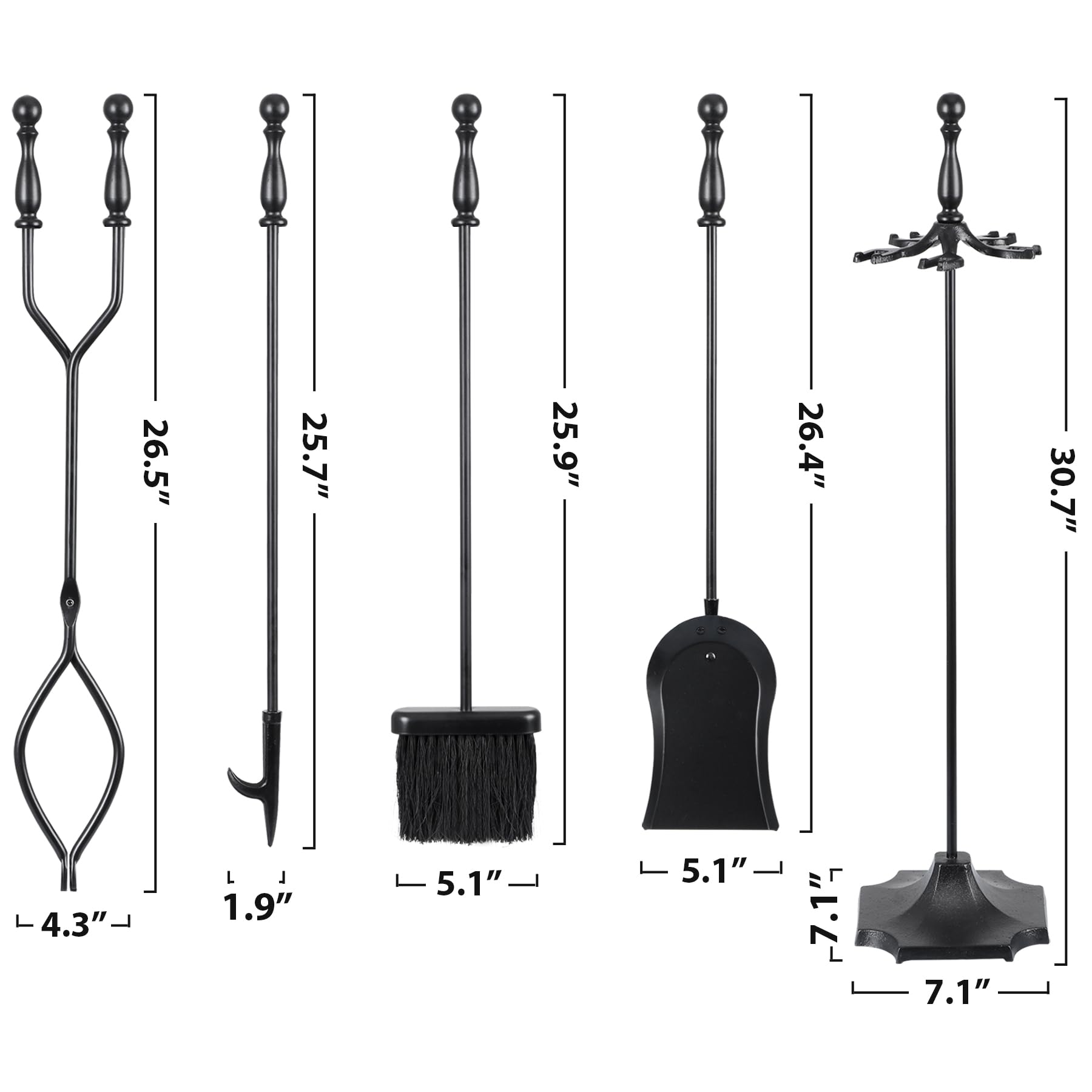 JupiterForce 5 Pieces Fireplace Tools Sets Indoor Outdoor Wrought Iron Large Fire Place Set Tools, Fire Pit Tools with Poker Shovel Tongs Brush and Stand, Black