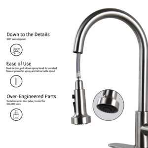 Stainless Steel Pull Down Kitchen Faucet with Sprayer Silver Brushed, Nickel Finish