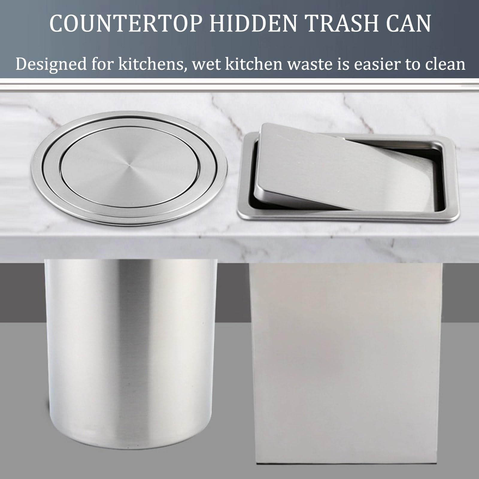 Stainless Steel Trash Can Countertop Built-in Trash Bin Balance Flap Cover, Kitchen Cabinet Embedded Trash Bin Trash Chute, Square/Round Recessed Counter Top Cover Waste Chute Wastebasket Cover