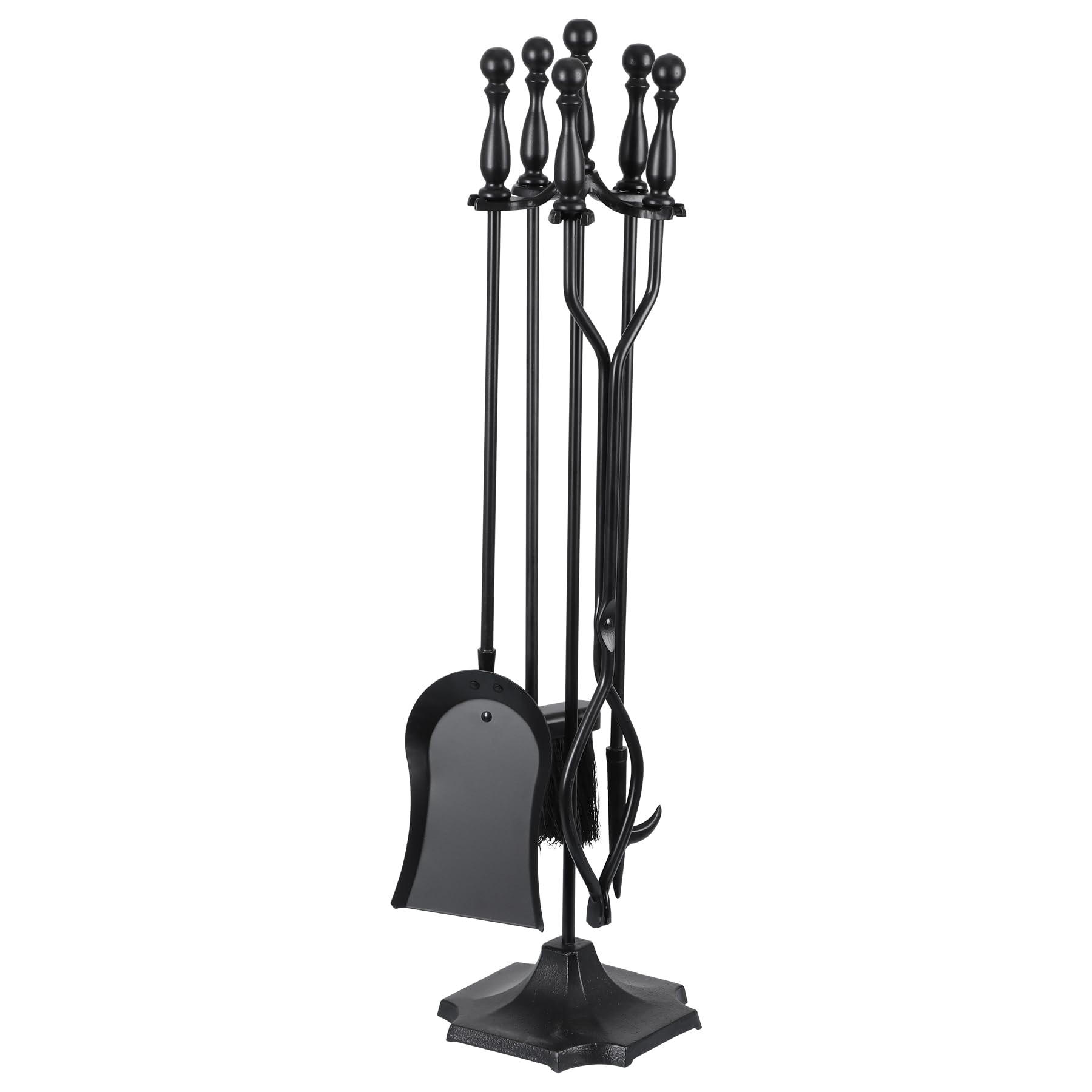 JupiterForce 5 Pieces Fireplace Tools Sets Indoor Outdoor Wrought Iron Large Fire Place Set Tools, Fire Pit Tools with Poker Shovel Tongs Brush and Stand, Black