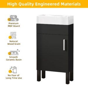 DWVO 16 Inch Bathroom Vanity Sink Combo for Small Space, Freestanding Bathroom Cabinet with Undermount Ceramic Sink, Modern Bathroom Storage Vanity Soft-Close Doors, Black