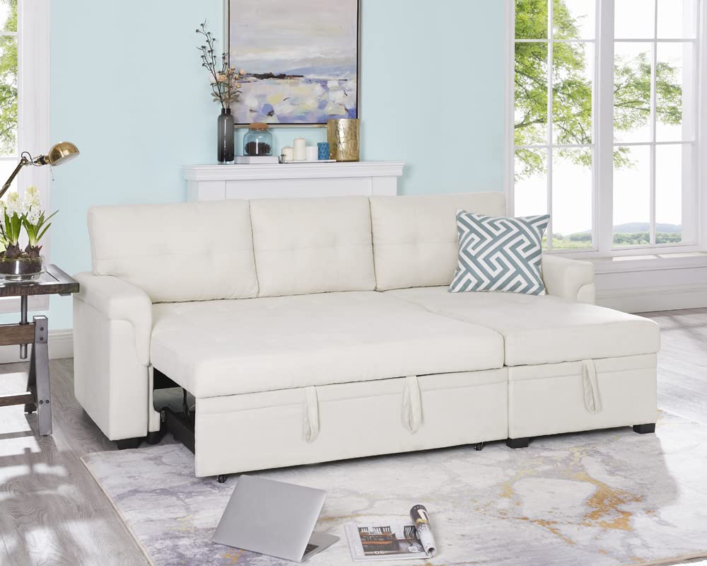 Naomi Home 85 in. Convertible Sofa with Storage, Reversible L Shape Sofa Couch with Chaise, Comfy Sectional Couches for Living Room, Cream - Velvet