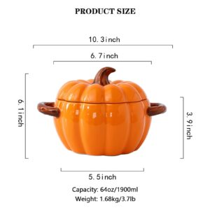 FTNESGYM Pumpkin Soup Bowl, 64oz Ceramic Pumpkin Pot Microwave & Dishwasher Safe Pumpkin Casserole Dish with Lid, Dutch Oven Pot Stockpot Cookware for Home Thanksgiving Halloween Party (Orange)