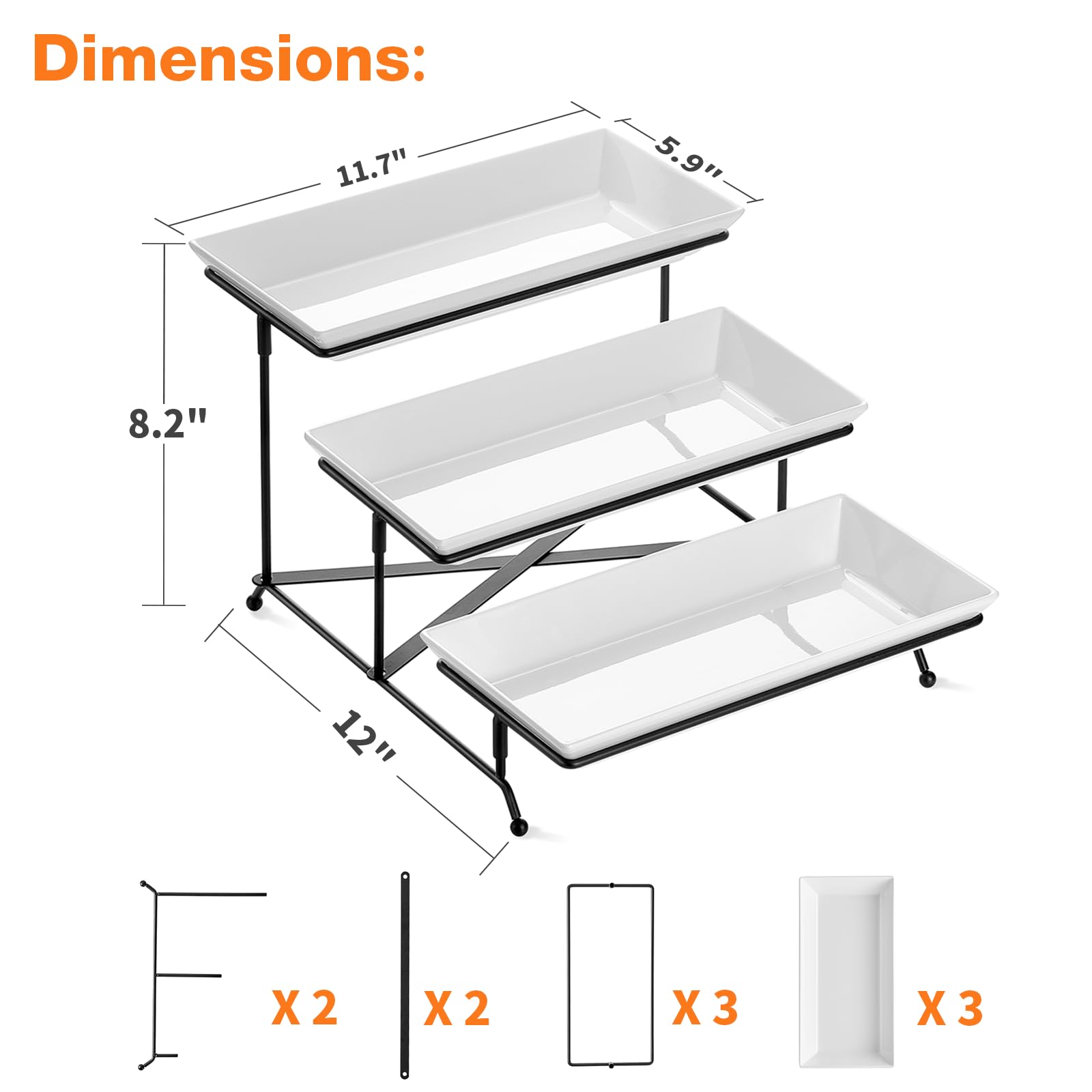 Mfacoy 3 Tier Serving Tray Set, 12" Tiered Serving Trays Platters, Reusable Serving Tray for Party, Collapsible Sturdier Stand with Stable Cross Bars, Serving Platters for Veggie, Fruit, Dessert