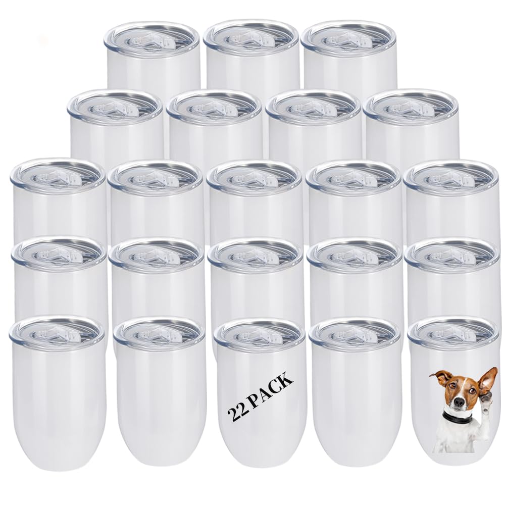 YOUKE OLA 22 Pack Sublimation Wine Tumblers Straight Blanks Stainless Steel Insulated Mug for Full Wrap Heat Transfer with Spill-Proof Sliding Lid for Coffee Cocktails Drinks 12oz