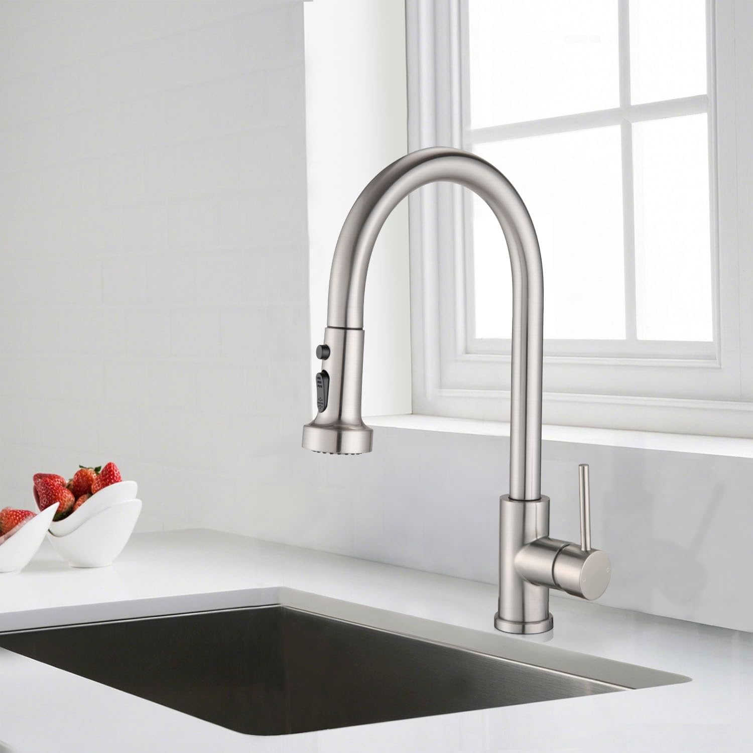 Stainless Steel Pull Down Kitchen Faucet with Sprayer Silver Brushed, Nickel Finish