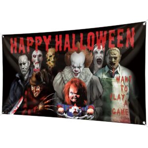 horror movie classic character backdrop banner, 78 × 43inch halloween party background large backdrops classic movie chainsaw clown horror movie supplies for indoor outdoor photo booth props