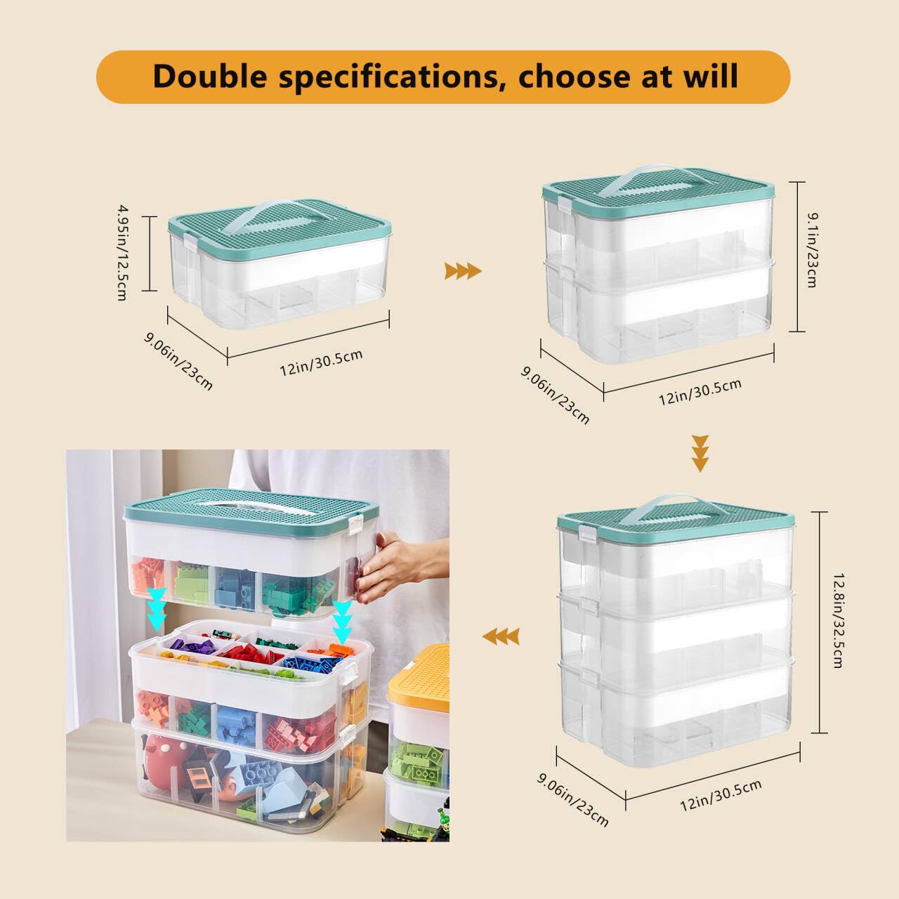 Building Blocks Storage 1 Layer Plastic Toy Storage Organizer for Lego Box Clear Toy Storage Bins with Baseplate Lid and Removable Tray for Bead Tool Sewing