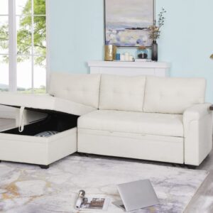 Naomi Home 85 in. Convertible Sofa with Storage, Reversible L Shape Sofa Couch with Chaise, Comfy Sectional Couches for Living Room, Cream - Velvet