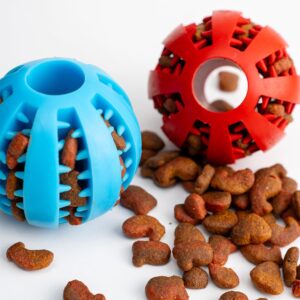 Indestructible Rubber Dog Ball- Two Pack Red and Blue - Interactive Treat Holder for Extreme Chewers - Durable Dog Toy