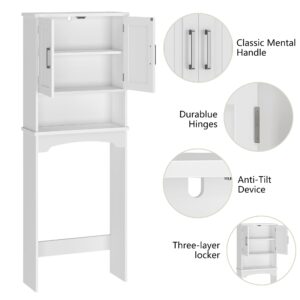 GarveeHome Over The Toilet Storage Cabinet, Double Door Bathroom Storage Organizer with Anti-Tip Device, Small Freestanding Space Saver with Open Shelf，White