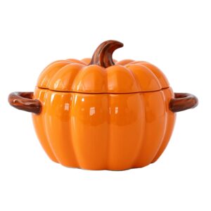 ftnesgym pumpkin soup bowl, 64oz ceramic pumpkin pot microwave & dishwasher safe pumpkin casserole dish with lid, dutch oven pot stockpot cookware for home thanksgiving halloween party (orange)