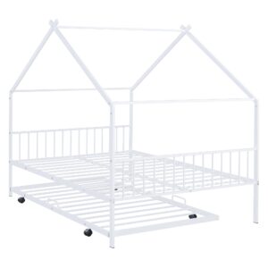 Metal House Bed for Kids, Full Size Bed Frame with Trundle Bed Twin, Kids Bed Frame with Headboard and Footboard, Full Size House Bed for Kids, Girls, Boys(Full White)