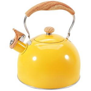 ggc whistling tea kettle for stove top, 85oz/2.6qt stainless steel tea kettles for boiling water milik or coffee, yellow tea pots with wood pattern folding handle, thumb design control kettle outlet