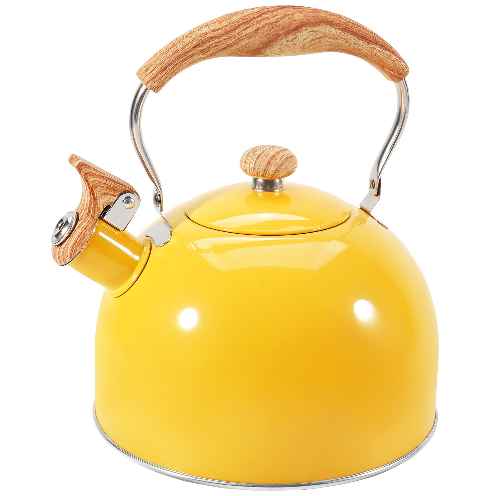 GGC Whistling Tea Kettle for Stove Top, 85OZ/2.6QT Stainless Steel Tea Kettles for Boiling Water Milik or Coffee, Yellow Tea Pots with Wood Pattern Folding Handle, Thumb Design Control Kettle Outlet