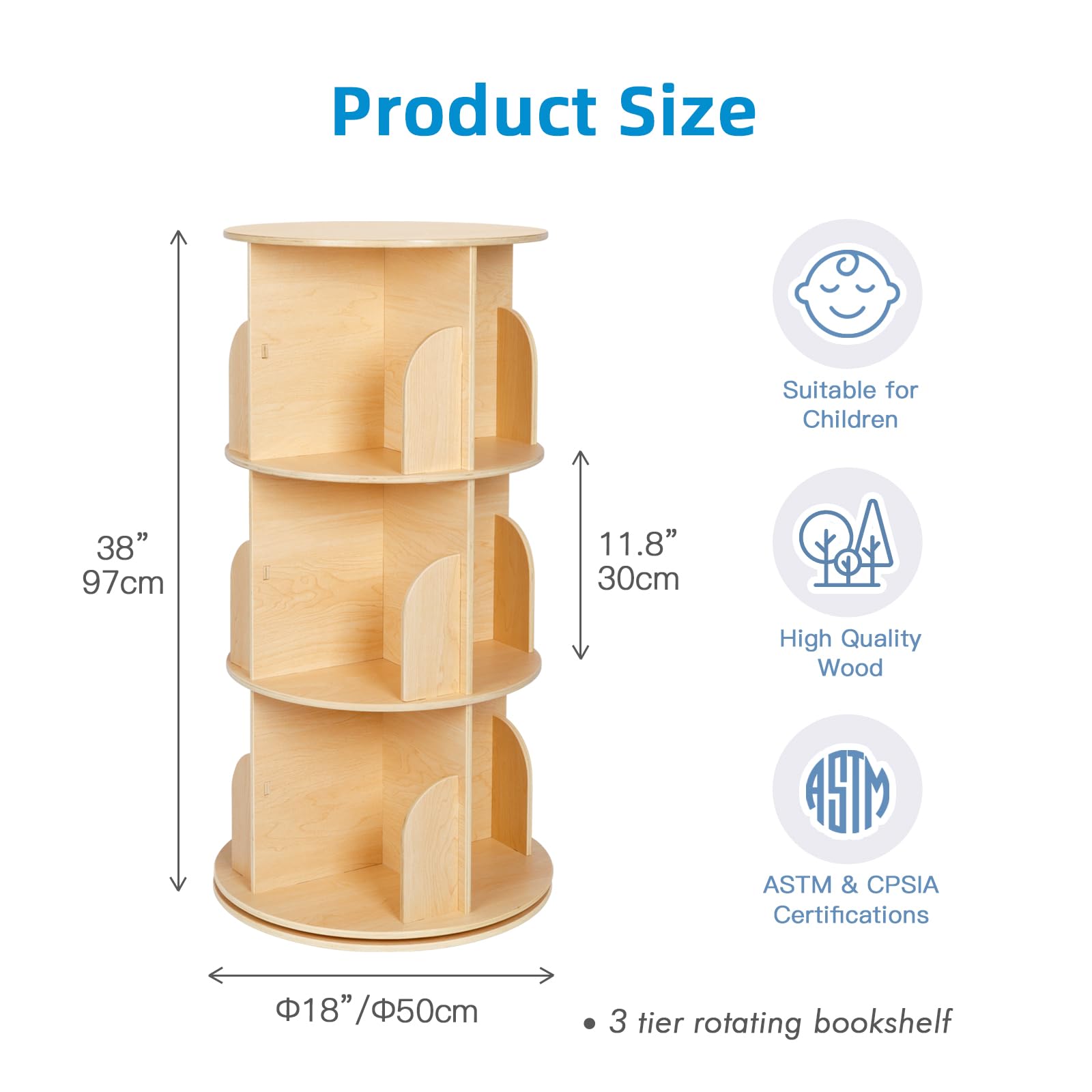 OOOK Kids Rotating Bookshelf Tower, Small Corner Bookshelf for Small Space, 360 Display 3 Tier Floor Standing Montessori Bookshelf Storage Rack, Large Chassis Spinning Bookshelf for Kids Room, Nursery