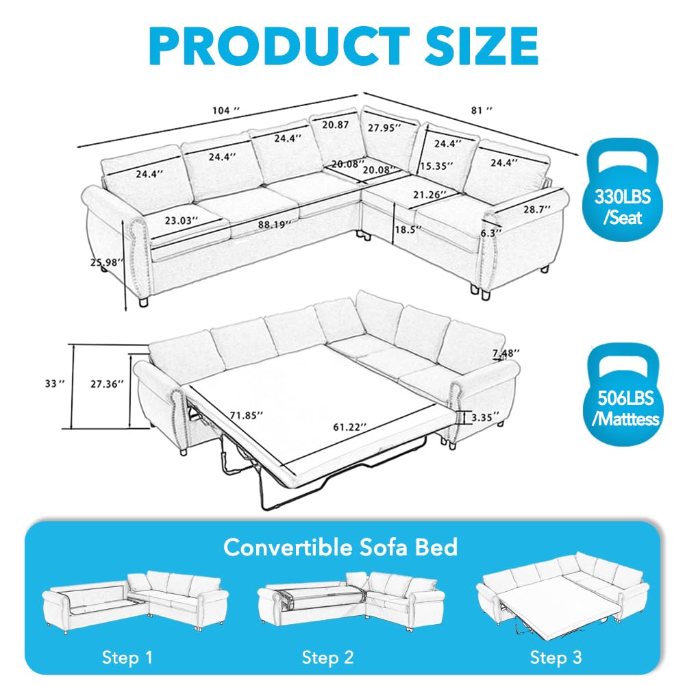 UPYOOE Sleeper Sofa Bed, Pull Out Couch with Mattress, 104'' 6 Seater Upholstery Sectional Couches, Modern Comfy L Shape Sofa Couch, Living Room Furniture for Living Room, Apartment, Studio, Grey