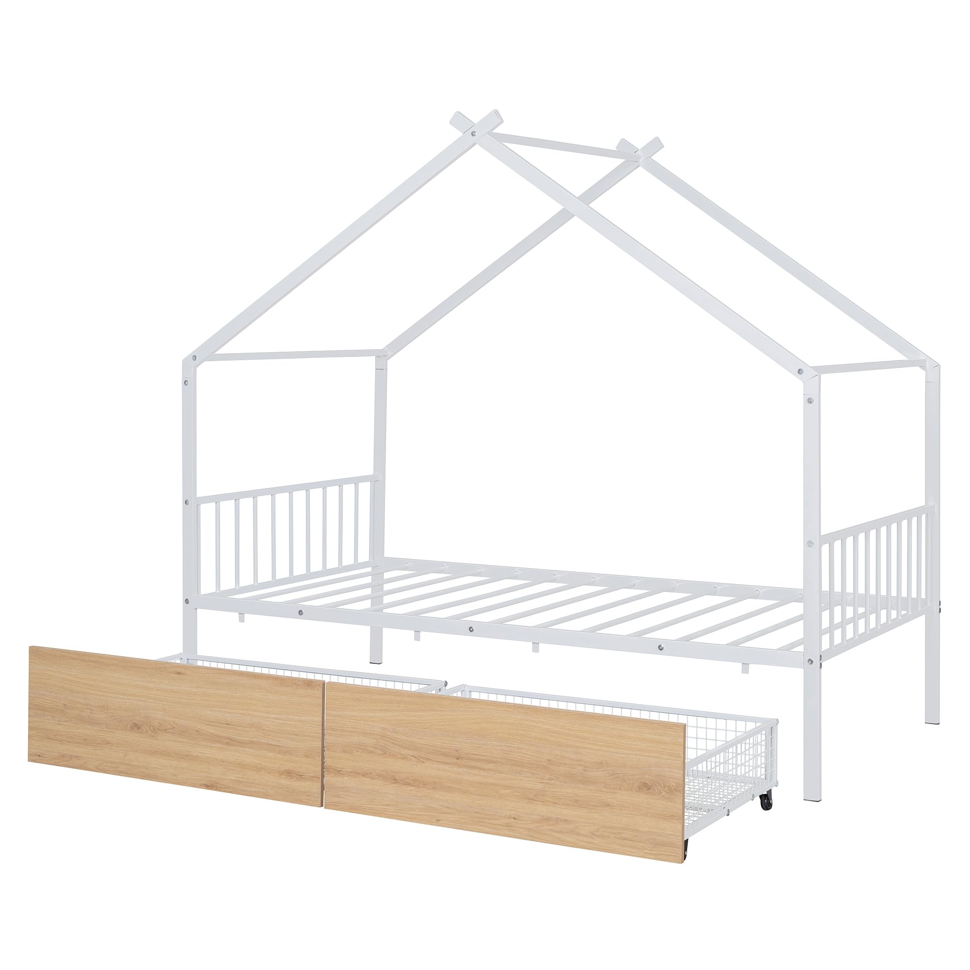 Metal House Bed for Kids, Twin Size Bed Frame with Storage Drawers and Slats, Kids Bed Frame with Headboard and Footboard, Twin Size House Bed for Kids, Girls, Boys(Twin White)