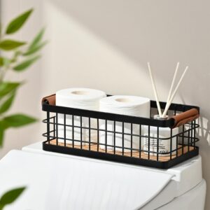 RoleDes Bathroom Organizer Small Metal Wire Storage Basket with Grip, Bathroom Decor Black Basket Wall Mount Organizer Detachable Wood Base Toilet Tank Basket for Bathroom, Vanity, Laundry Room