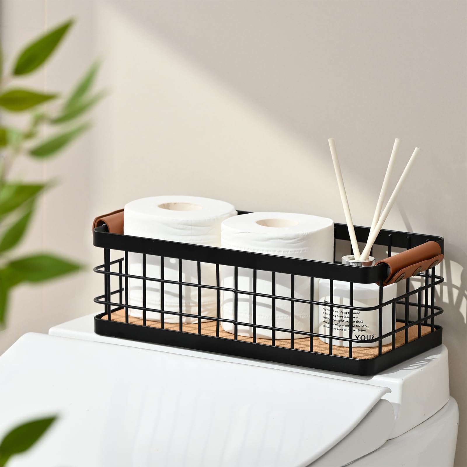 RoleDes Bathroom Organizer Small Metal Wire Storage Basket with Grip, Bathroom Decor Black Basket Wall Mount Organizer Detachable Wood Base Toilet Tank Basket for Bathroom, Vanity, Laundry Room