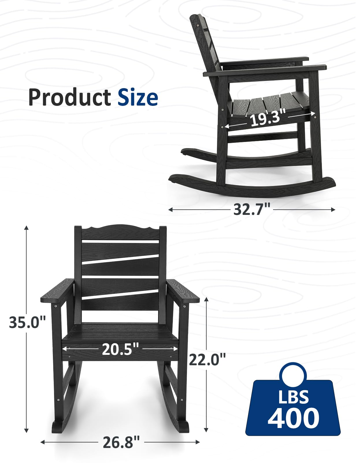 Weatherproof Patio Rocking Chair, HIPS Outdoor Rocking Chair for Adults, 400LBS Support Heavy Duty Porch Rocking Chairs for Garden, Lawn, Backyard, Outdoor and Indoor (Black)