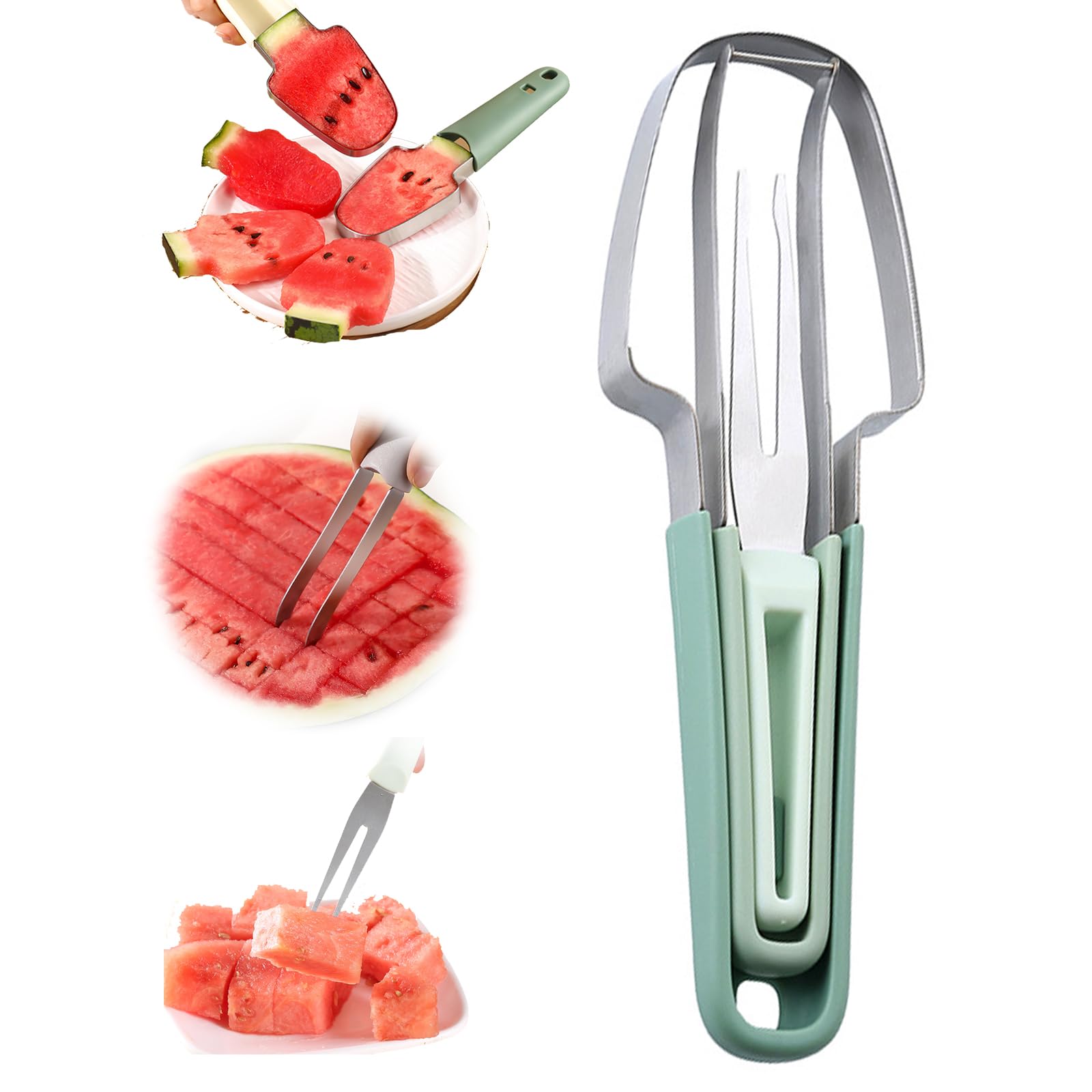 Zhaolie 3-in-1 Watermelon Fork Slicer Cutter，Stainless Steel Watermelon Popsicle Cutter Watermelon Cutter Slicer Tool Melon Cutter Knife Portability Fruit Fork Set for Camping Kitchen Gadgets, Green