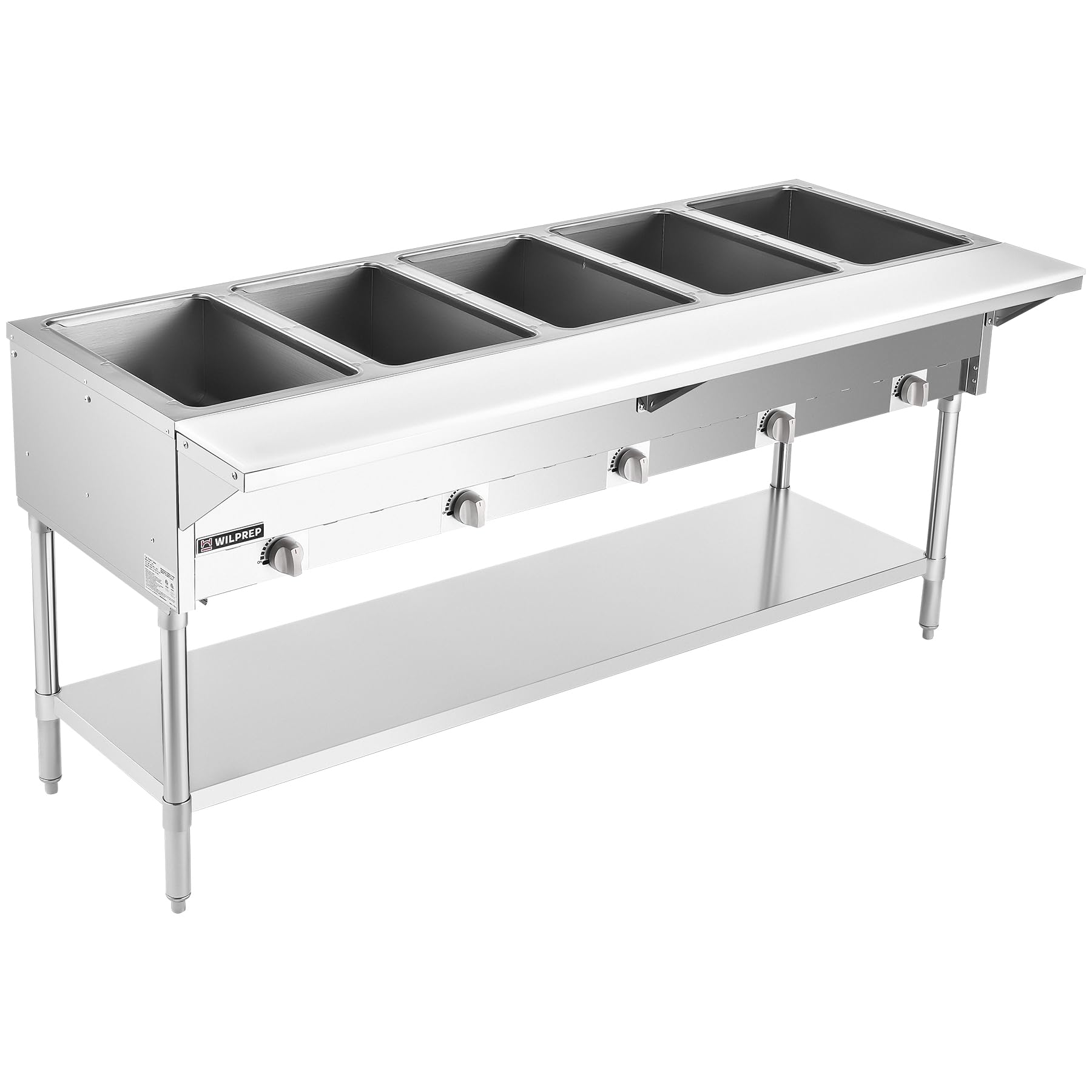 WILPREP 5 Well Natural Gas Food Warmer, 17,500BTU Commercial Gas Steam Table with 8" Cutting Board & Storage Shelf, 72" LP NG Stainless Steel Steam Table Food Warmer for Catering Buffets Restaurants