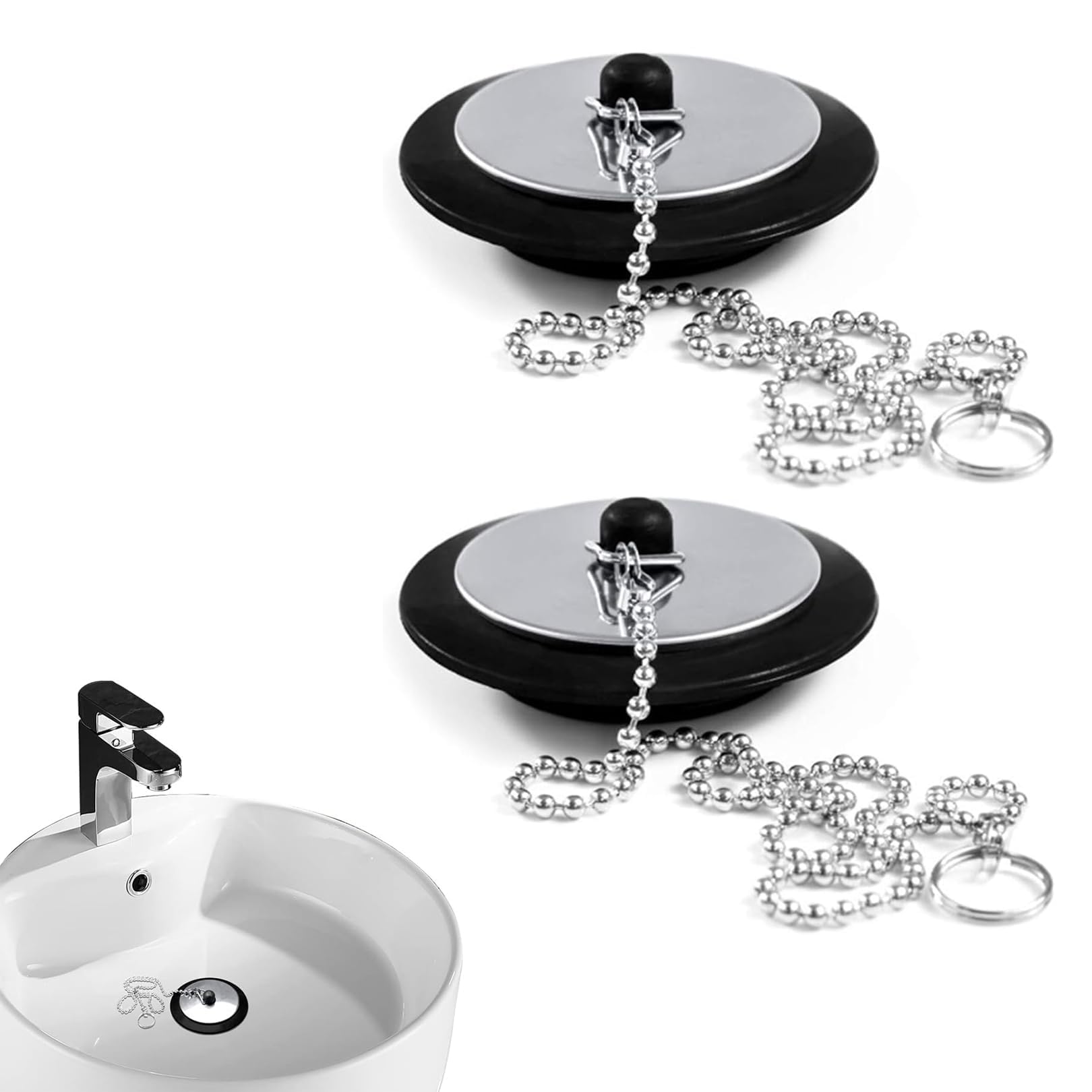 Kilyowa 2 PCS Rubber Sink Stopper Drain Cover, 43mm Universal Tub Stopper with Long Metal Ball Chain and Hanging Loop, Bathroom Kitchen Drain Stopper, Black