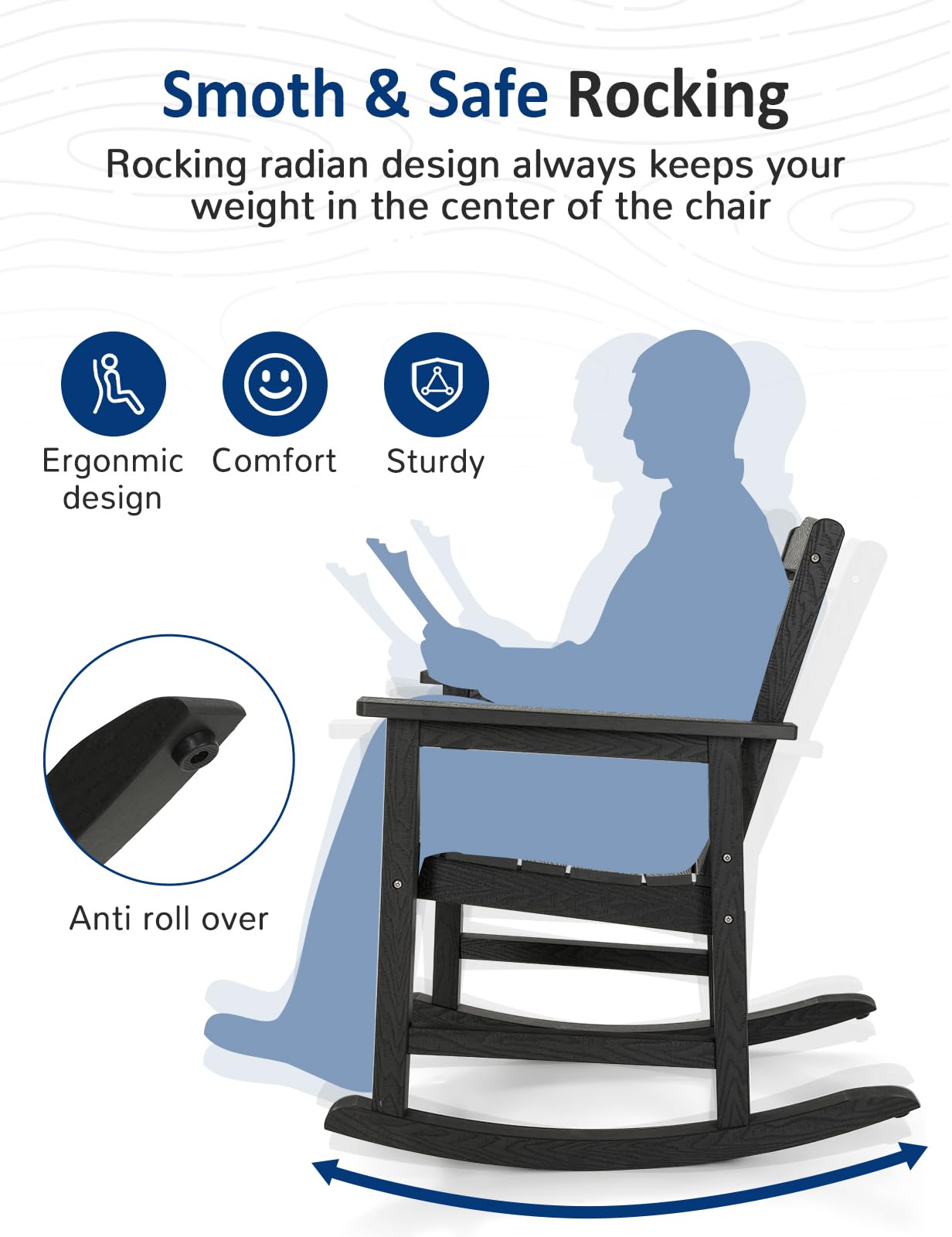 Weatherproof Patio Rocking Chair, HIPS Outdoor Rocking Chair for Adults, 400LBS Support Heavy Duty Porch Rocking Chairs for Garden, Lawn, Backyard, Outdoor and Indoor (Black)