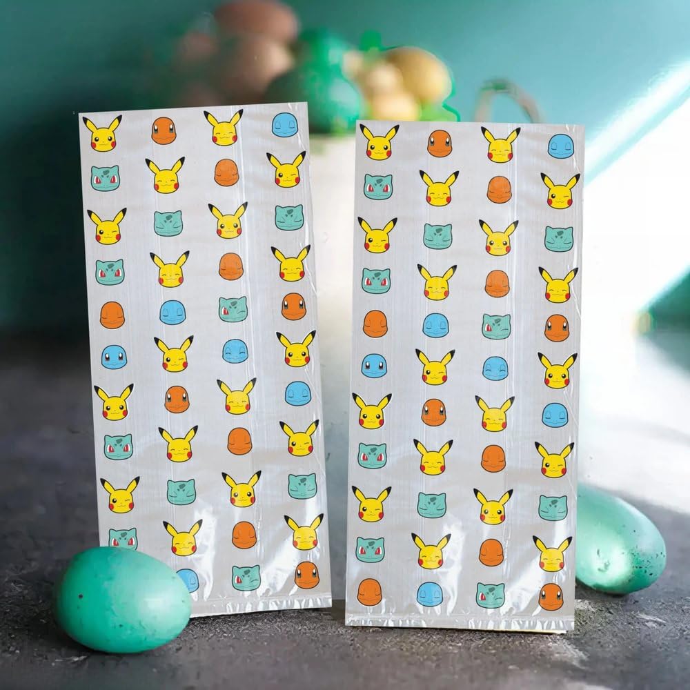 Amscan Charming Multicolor Pokemon Treat Bags - 9.5" x 4" (Pack of 16) - Perfect For Birthdays and Special Occasions