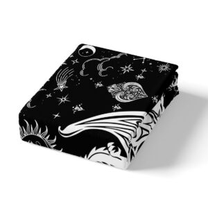 White Black Dragon Bed Sheets Queen Size,Sun Moon Stars Galaxy Bedding Set 4Pcs,Western Magical Animals Fitted Sheet for Kids Boys Men Teens Room Decor,Boho Gothic Top Flat Sheet,2 Pillowcases