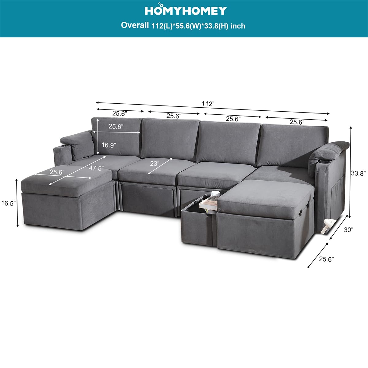 BELUXI modular sectional couches for living room lounge sofa U shaped couch furniture sets l shape sleeper bedroom comfy modern (Grey, U Shaped Sectional-1)