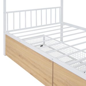 Metal House Bed for Kids, Twin Size Bed Frame with Storage Drawers and Slats, Kids Bed Frame with Headboard and Footboard, Twin Size House Bed for Kids, Girls, Boys(Twin White)