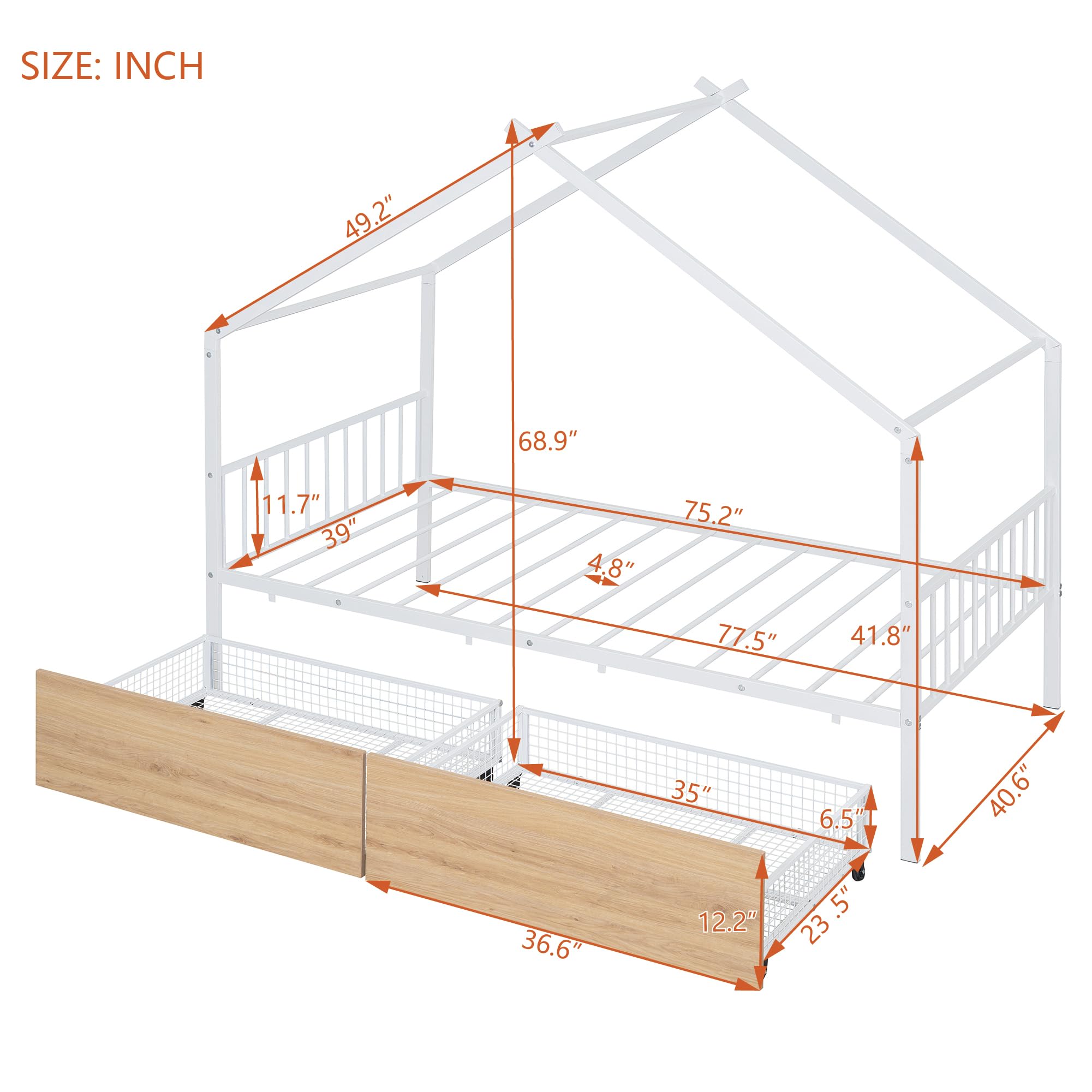 Metal House Bed for Kids, Twin Size Bed Frame with Storage Drawers and Slats, Kids Bed Frame with Headboard and Footboard, Twin Size House Bed for Kids, Girls, Boys(Twin White)