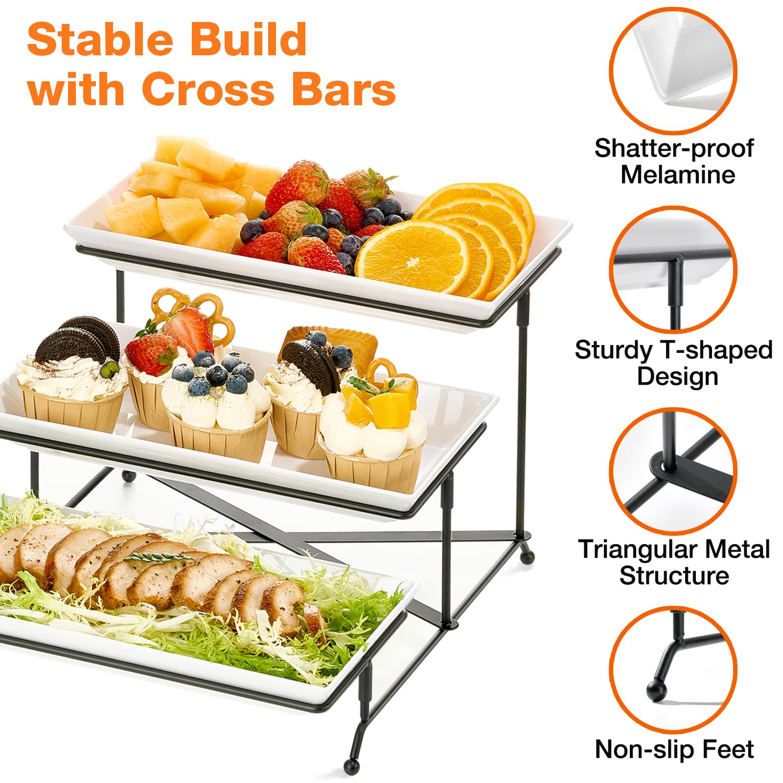 Mfacoy 3 Tier Serving Tray Set, 12" Tiered Serving Trays Platters, Reusable Serving Tray for Party, Collapsible Sturdier Stand with Stable Cross Bars, Serving Platters for Veggie, Fruit, Dessert