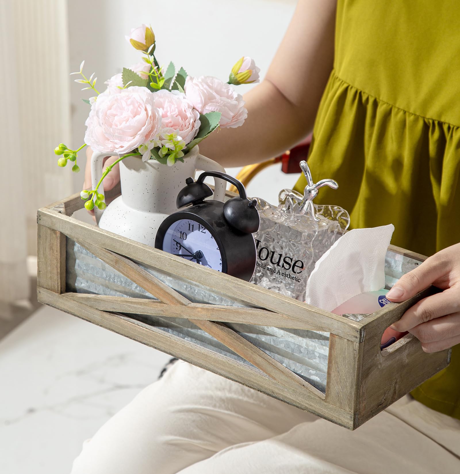 Venalys Wooden Toilet Tank Basket, Rustic Bathroom Decor Box, Farmhouse Toilet Paper Organizer Holder, Decorative Bathroom Storage Basket, Barn Door (Gray)