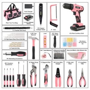 Jar-Owl 21V Pink Drill Set Tool Kit Set Power Drill for Women DIY with Storage Bag Tool Box,350 in-lb Torque, 0-1350RMP Variable Speed, 10MM 3/8'' Keyless Chuck, 1.5Ah Li-Ion Battery for Home Tool Kit