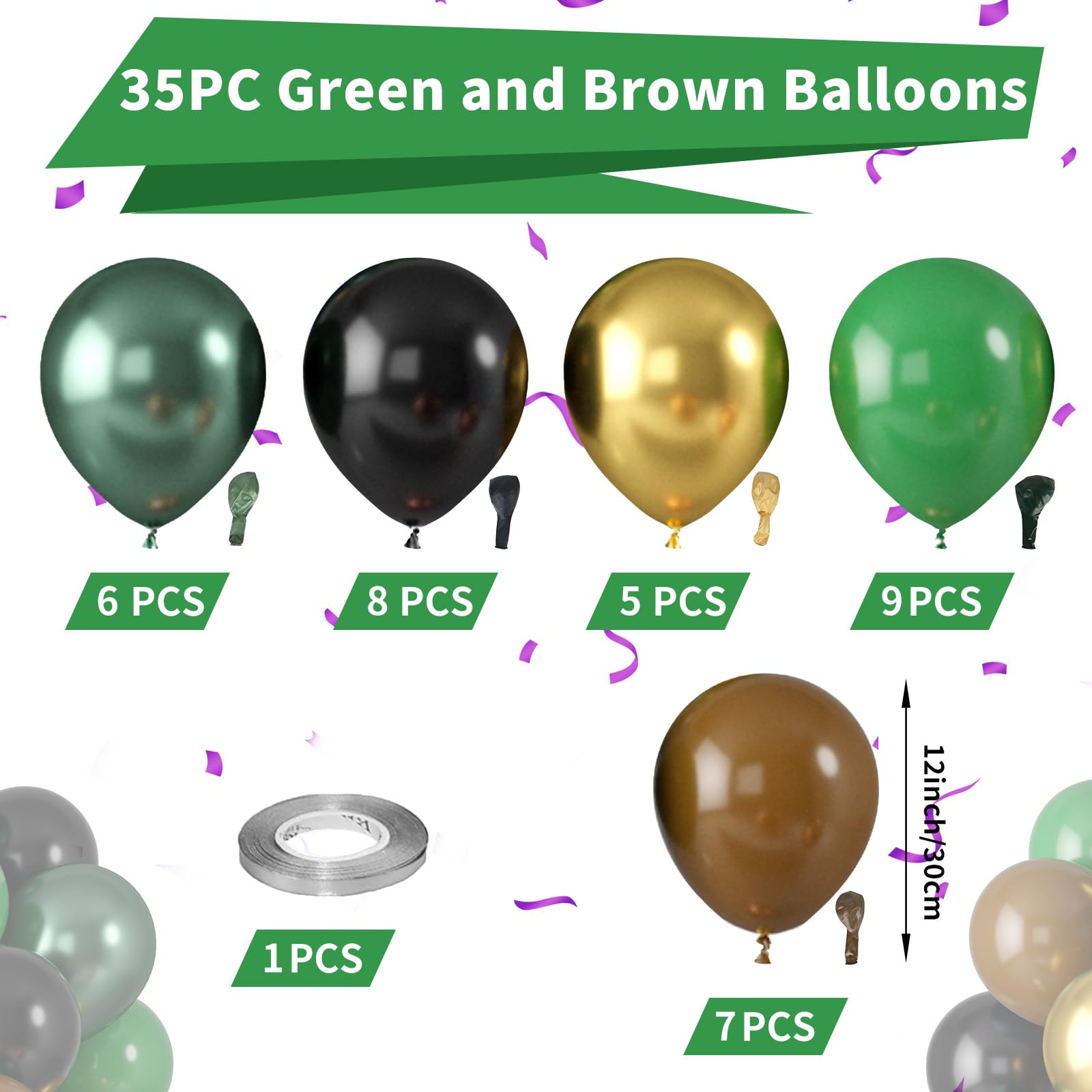 Green and Brown Balloons, Dark Emerald Green Balloon Camouflage Green Black Brown Balloons, Metallic Green Gold Balloons for Camping Game Jungle Theme Camo Birthday Baby Shower Army Party Decorations