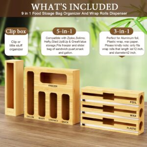 NIKUY 9 IN 1 Bamboo Foil and Plastic Wrap Organizer for Kitchen Drawer, Plastic Bag Organizer Organization and Storage, Food Storage Bag Organizer with Labels for Quart Gallon Snack Sandwich Bag