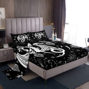 white black dragon bed sheets queen size,sun moon stars galaxy bedding set 4pcs,western magical animals fitted sheet for kids boys men teens room decor,boho gothic top flat sheet,2 pillowcases