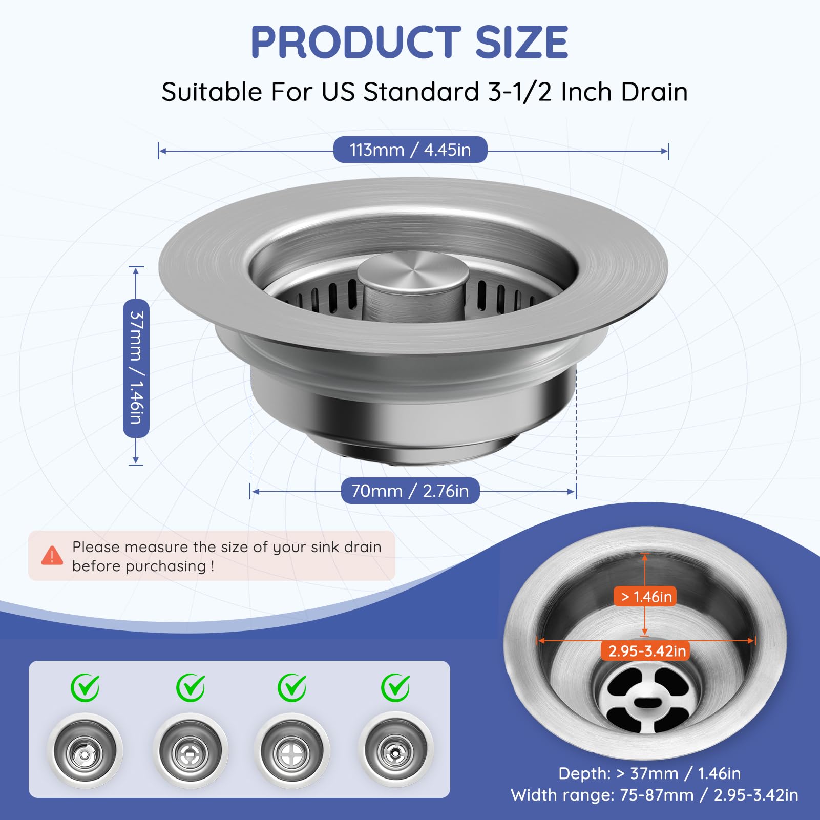 Upgraded 3 in 1 Kitchen Sink Drain Strainer - Stainless Steel Pop Up Sink Stopper, Anti-Clogging Sink Basket, Fast Drainage Kitchen Sink Plug for US Standard 3-1/2 Inch Drain