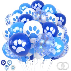 quecemic paw print balloons set, 50pcs 12inch blue white paw print balloons, blue latex confetti balloons for birthday baby shower wedding graduation pet party decoration