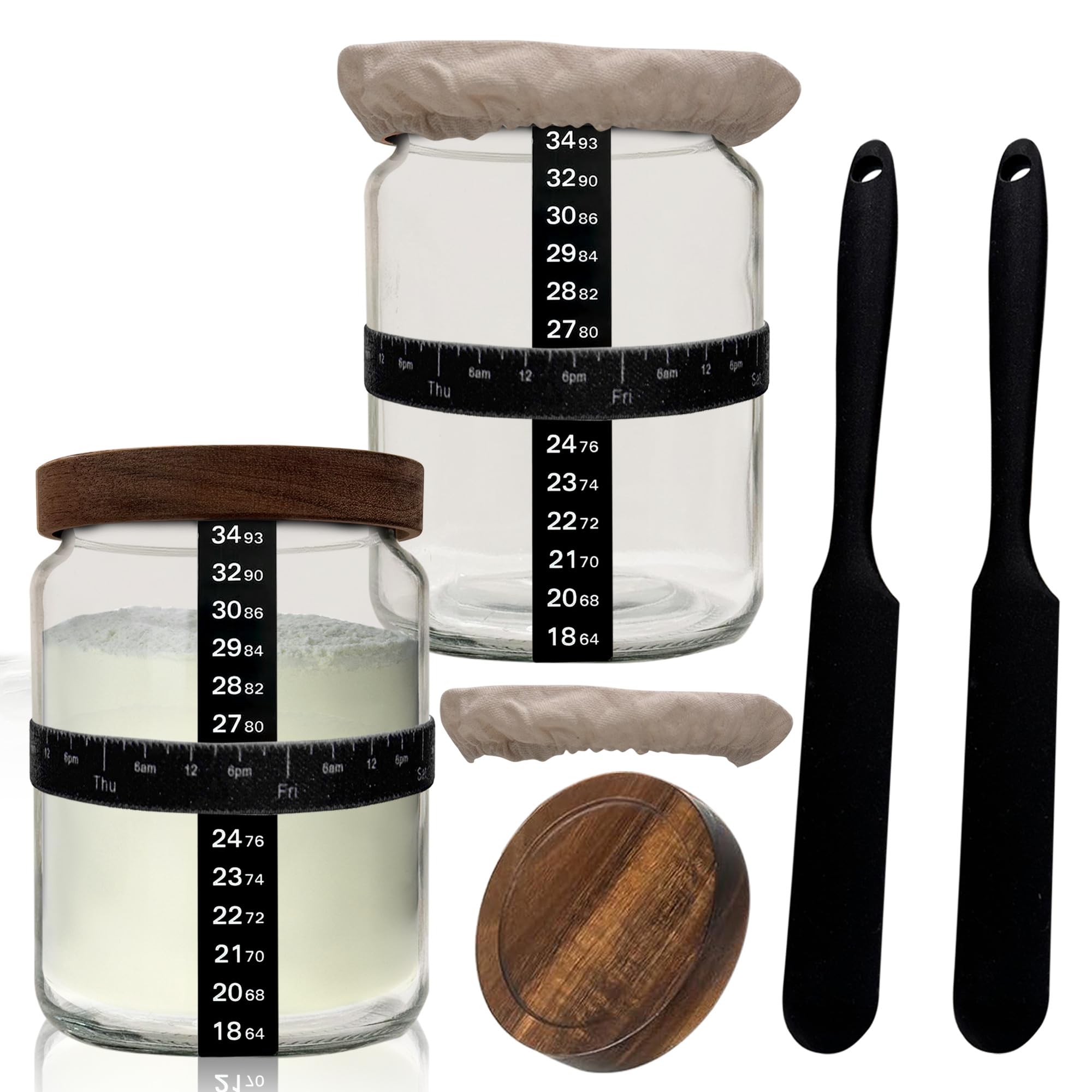 NAYYAB PRODUCTS Sourdough Starter Jar Kit Pack Of 2, 24oz Jar with Wooden lids, Ounce Scale Line, Silicon Scraper, Cloth Cover, Thermometer Sticker, Date Marked Feeding Band, Canning Jars