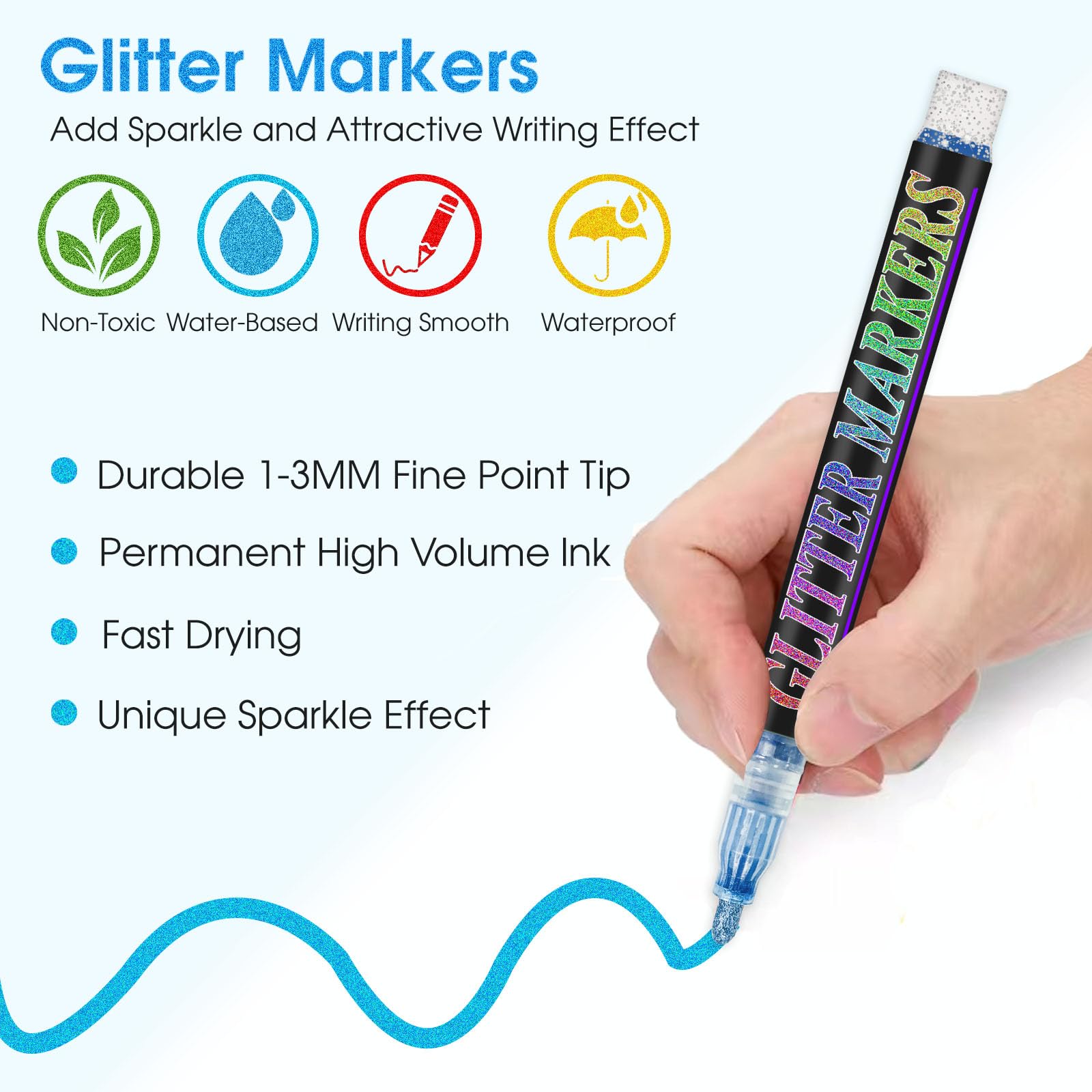 Celepen Glitter Marker Pens, 12 Colors Metallic Shimmer Glitter Markers Paint Pens, Glitter Art Marker for Kids Adults DIY Crafts Greeting Birthday Cards Making Poster Album Scrapbooking Wood