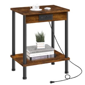 yufam end table with charging station,small side table with usb ports and outlets,2-tier nightstand with storage shelf,sofa bedside table for small space in living room, bedroom, rustic brown