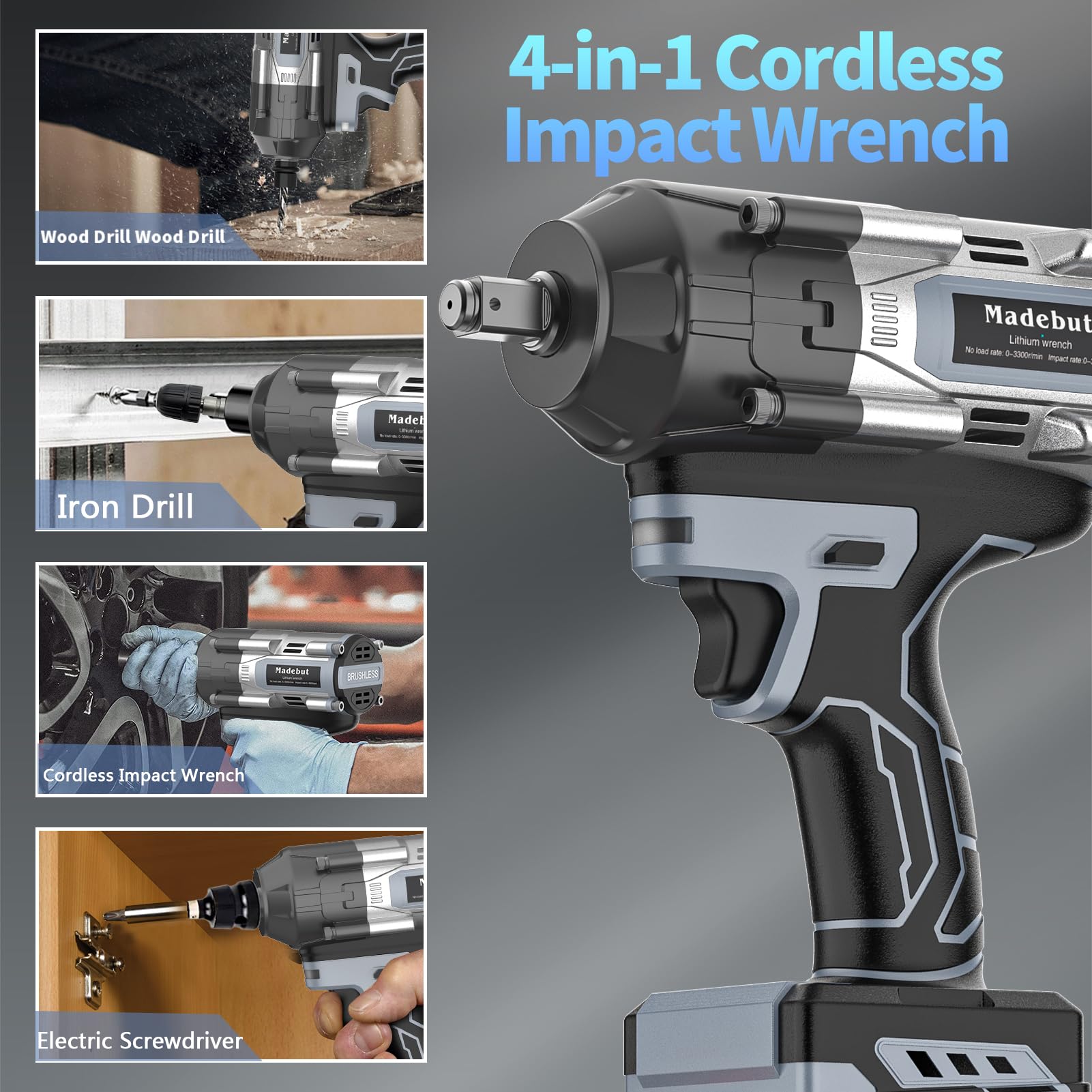 Cordless Impact Wrench,3-speeds Cordless Impact Gun with 2 * 4.0Mah, 1000N.m (740Ft-lbs) Electric Impact Wrench with 5 Sleeves, High Torque 1/2 Impact Wrench, Power Impact Wrenches for Home Car Tyre