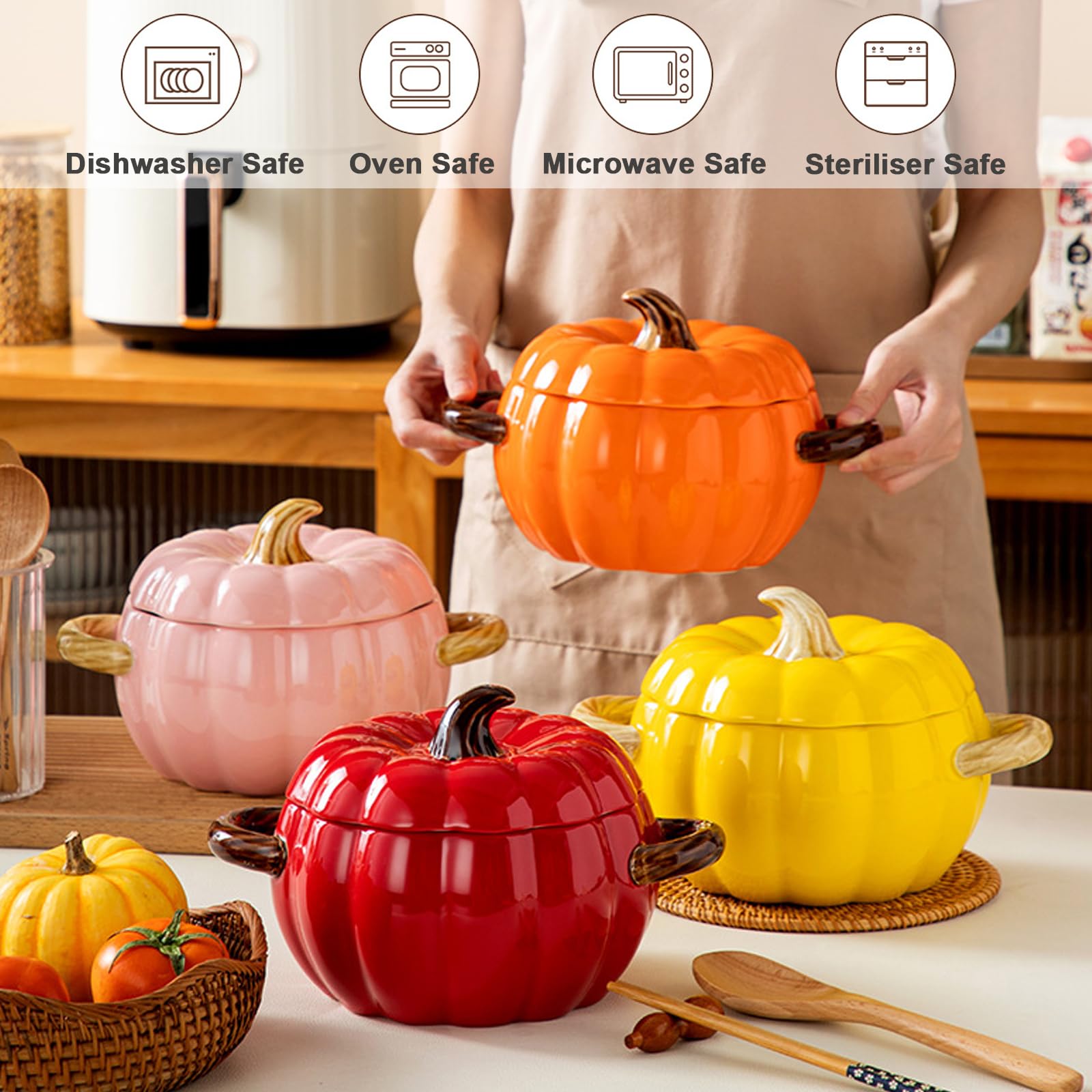 FTNESGYM Pumpkin Soup Bowl, 64oz Ceramic Pumpkin Pot Microwave & Dishwasher Safe Pumpkin Casserole Dish with Lid, Dutch Oven Pot Stockpot Cookware for Home Thanksgiving Halloween Party (Orange)