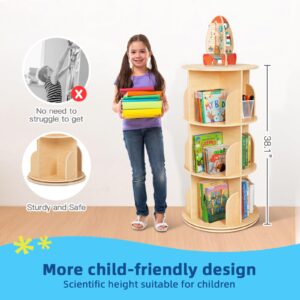 OOOK Kids Rotating Bookshelf Tower, Small Corner Bookshelf for Small Space, 360 Display 3 Tier Floor Standing Montessori Bookshelf Storage Rack, Large Chassis Spinning Bookshelf for Kids Room, Nursery